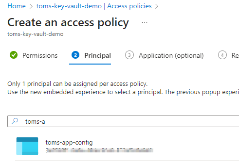 search and select screen for linking the Azure app config app principal with key vault