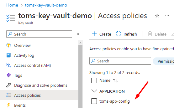 App configuration principal listed as an application in your Access policies list