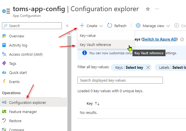 Key vault reference option when creating a new key/value pair in Azure App Configuration.