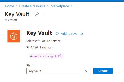 The Create button to create a new instance of Key Vault, in Azure portal.