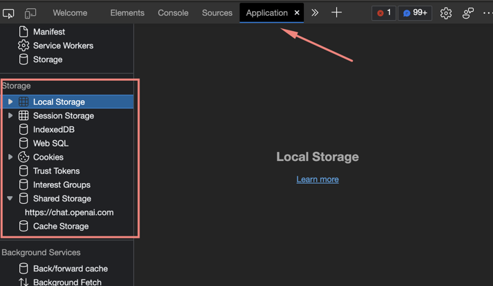 Browser's developer tools showing the various storage options available.