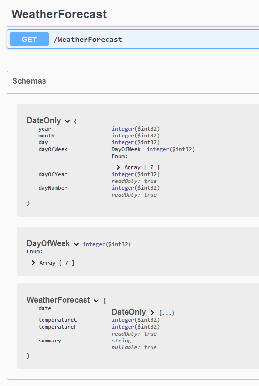 SwaggerUI also displays the shape and details of the associated classes -- DateOnly, DayOfWeek and WeatherForecast -- that are associated with this endpoint.