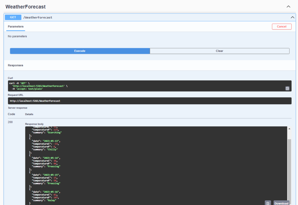 Swagger UI displaying the results from the execution of the GET call of the API