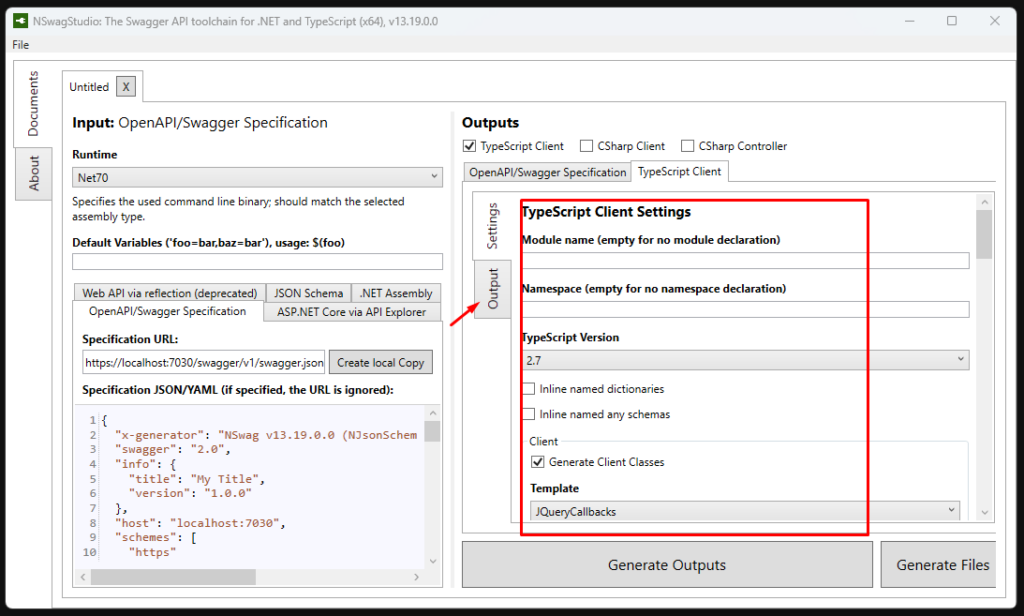 NSwagStudio showing the Settings tab, which allows for customizations of how the client code is generated.