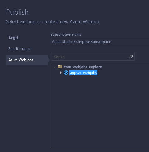 AppService selection screen in Visual Studio, for publishing a WebJob