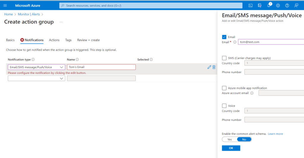 The notifications section of the create action group wizard in Azure