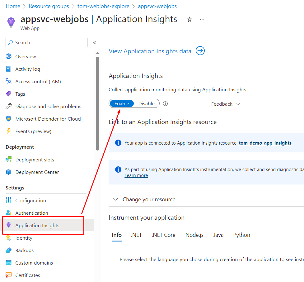 The Application Insights blade of Azure App Service depicting the enable/disable switch for application insights.