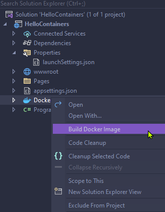 Right-click context menu that appears when right-clicking the Docker file in solution explorer.  This menu provides a Build Docker Image action.