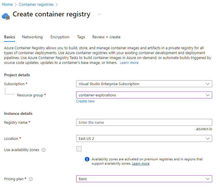 the create container registry form in the Azure portal