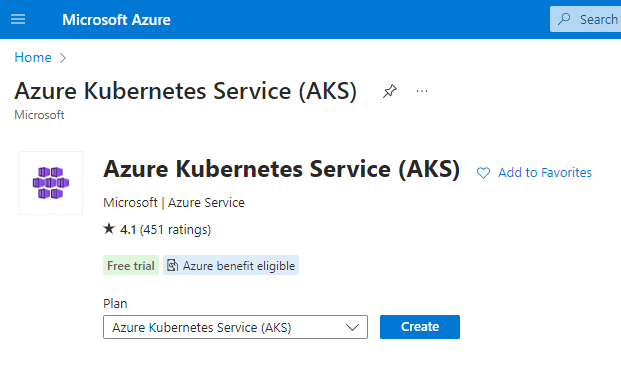 The Azure Kubernetes Service listing in the Azure marketplace.