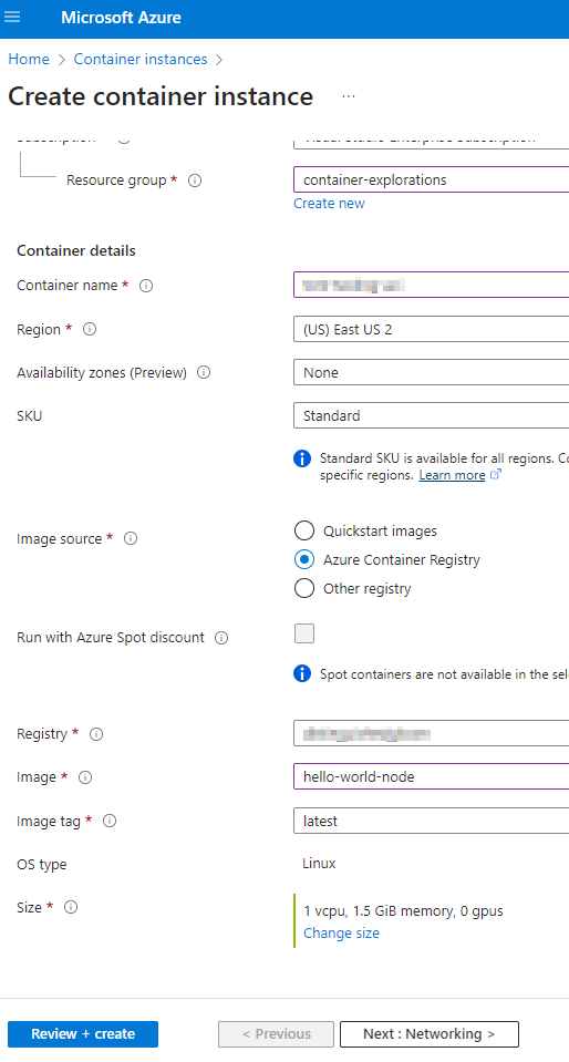 Create container instance wizard in azure portal