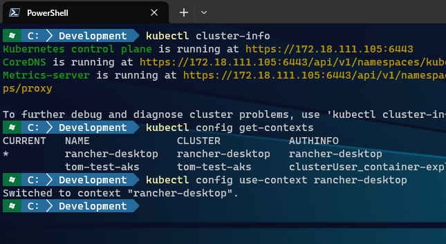 terminal window demoing the kubectl cluster-info, config get-contexts and config use-context commands