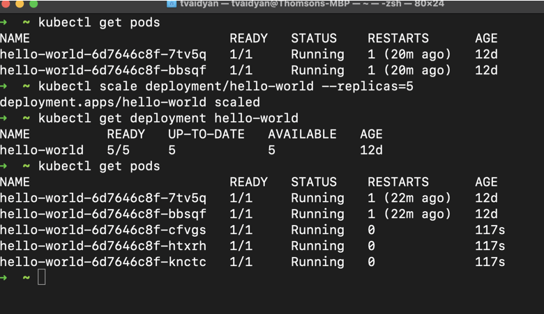 terminal kubectl output showing that the hello-world app was scaled up from two pods to five pods