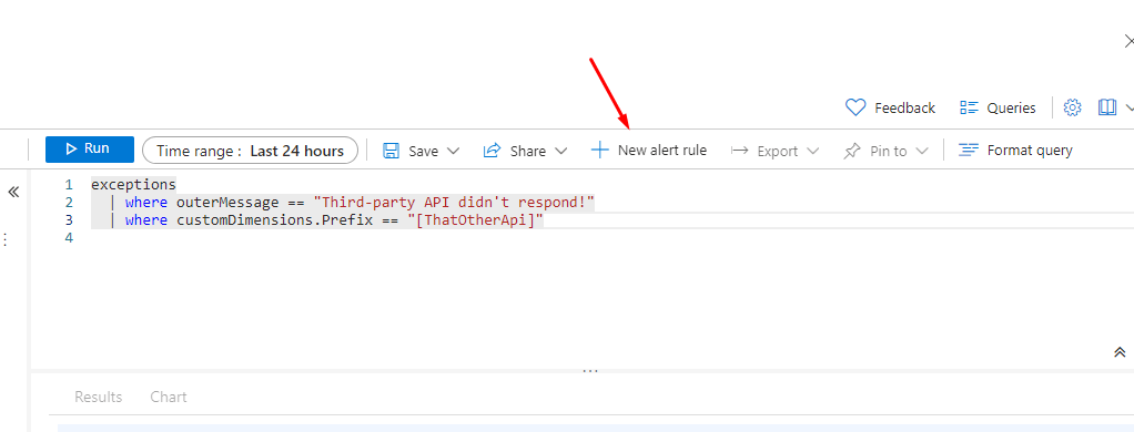 Custom Kusto Query in Application Insights with the top menu featuring a "New Alert Rule" button