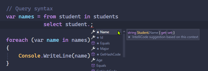 visual studio editor window featuring intellisense on the student object, showing the available properties in that class.